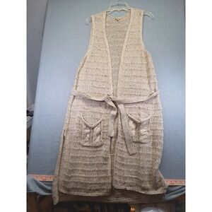 Democracy Women Full Body Sleeveless Cardigan Light Brown Pockets Belt Size L